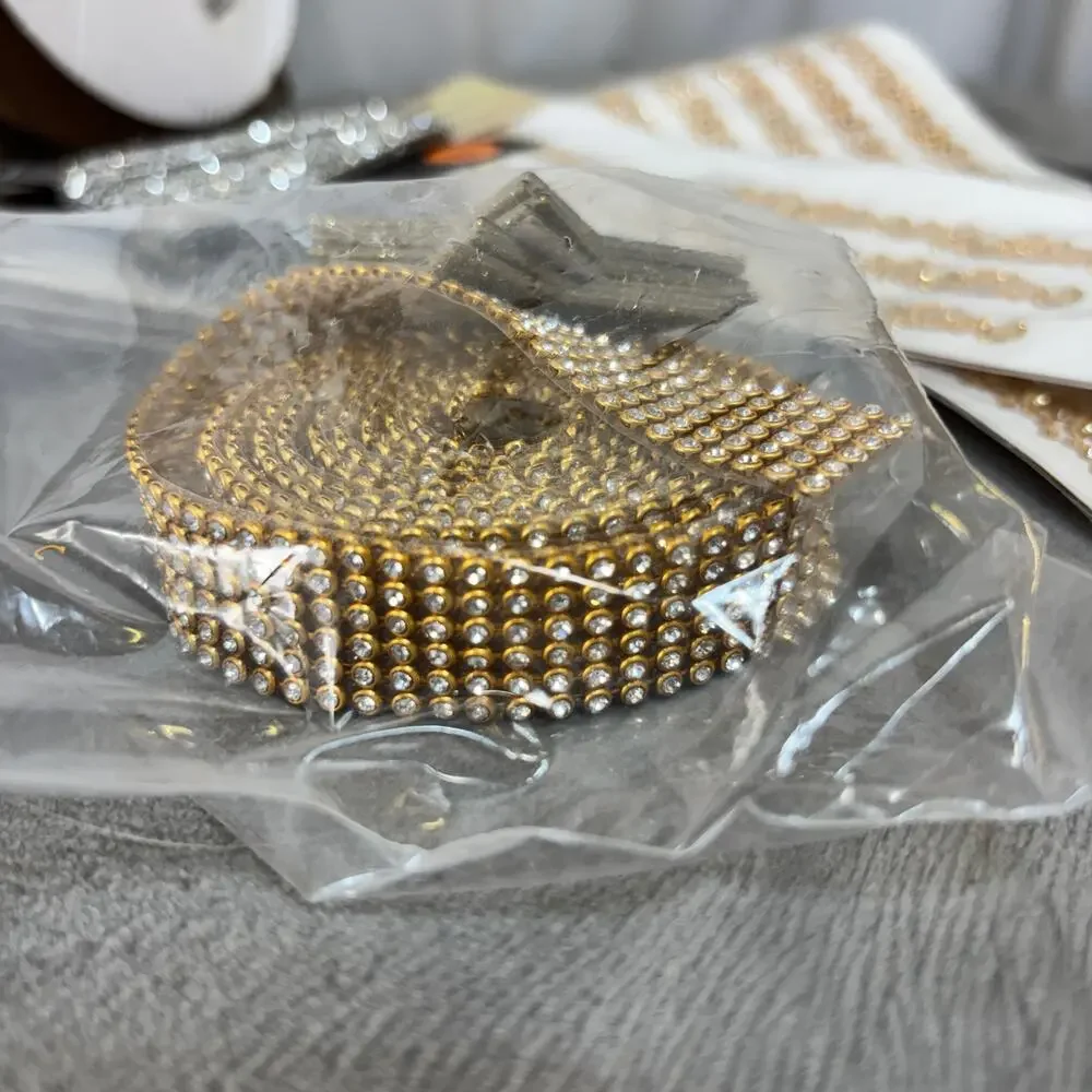 Metallic Gold Crafting Lot Bling Ribbon Embellishments Trim Jewels Gem Stickers
